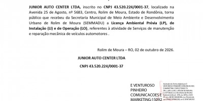 RECEBIMENTO DE LICENÇAS AMBIENTAIS - JUNIOR AUTO CENTER LTDA