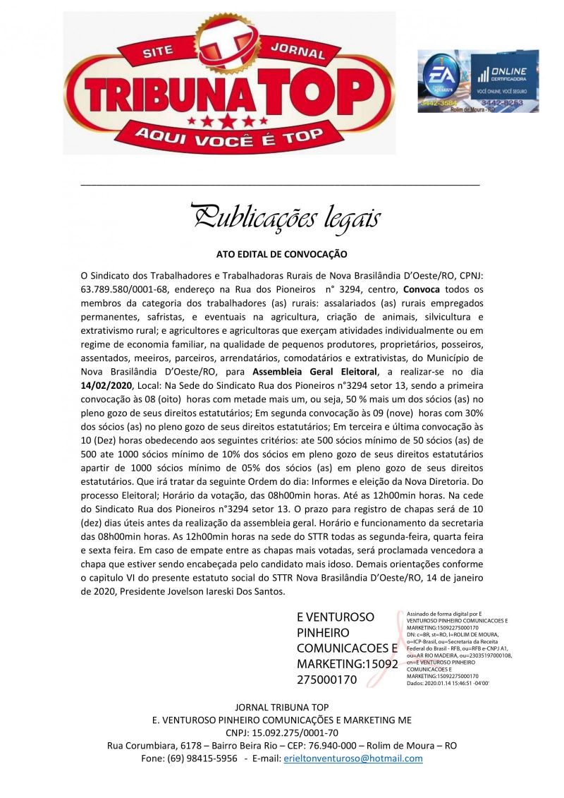ATO EDITAL DE CONVOCAÇÃO  - Sindicato dos Trabalhadores e Trabalhadoras Rurais de Nova Brasilândia D’Oeste-RO