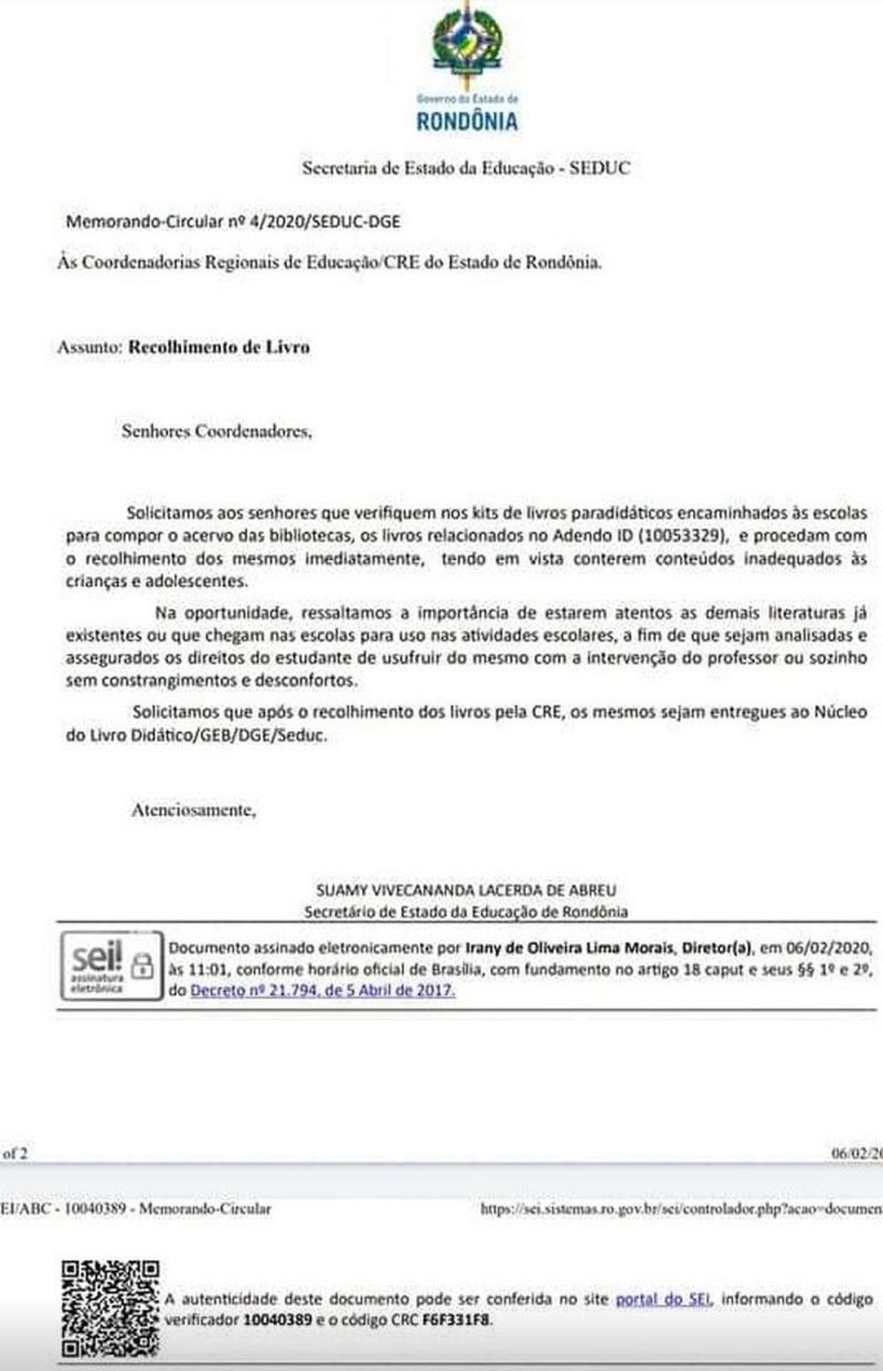 Documento da Secretaria de Educação de RO manda recolher de escolas