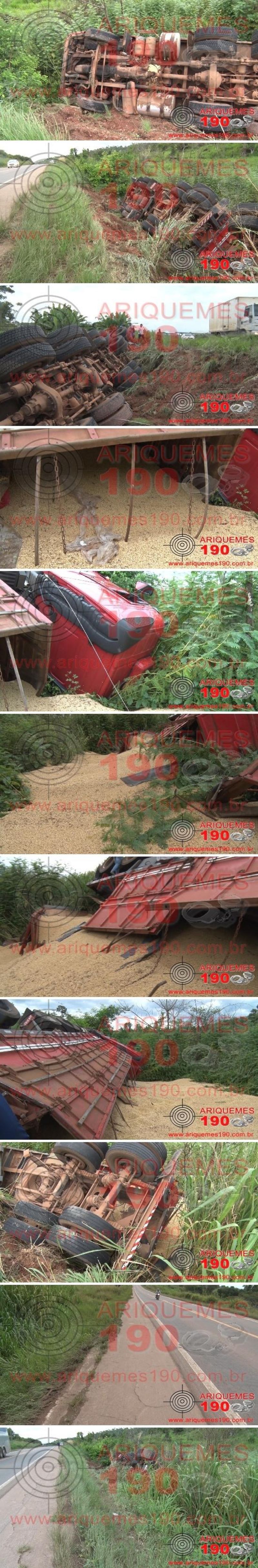 Carreta carregada de soja tomba na BR-364 e carga avaliada em R$ 60 mil é totalmente perdida Carreta carregada de soja tomba na BR-364 e carga avaliada em R$ 60 mil é totalmente perdida