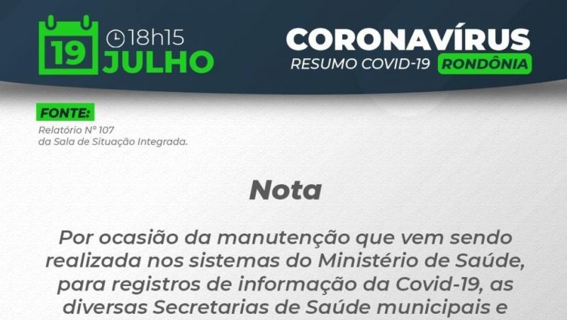 Governo de RO não publica boletim do coronavírus pelo 2° dia seguido; Brasil passa dos 79,4 mil óbitos Governo de RO não publica boletim do coronavírus pelo 2° dia seguido; Brasil passa dos 79,4 mil óbitos