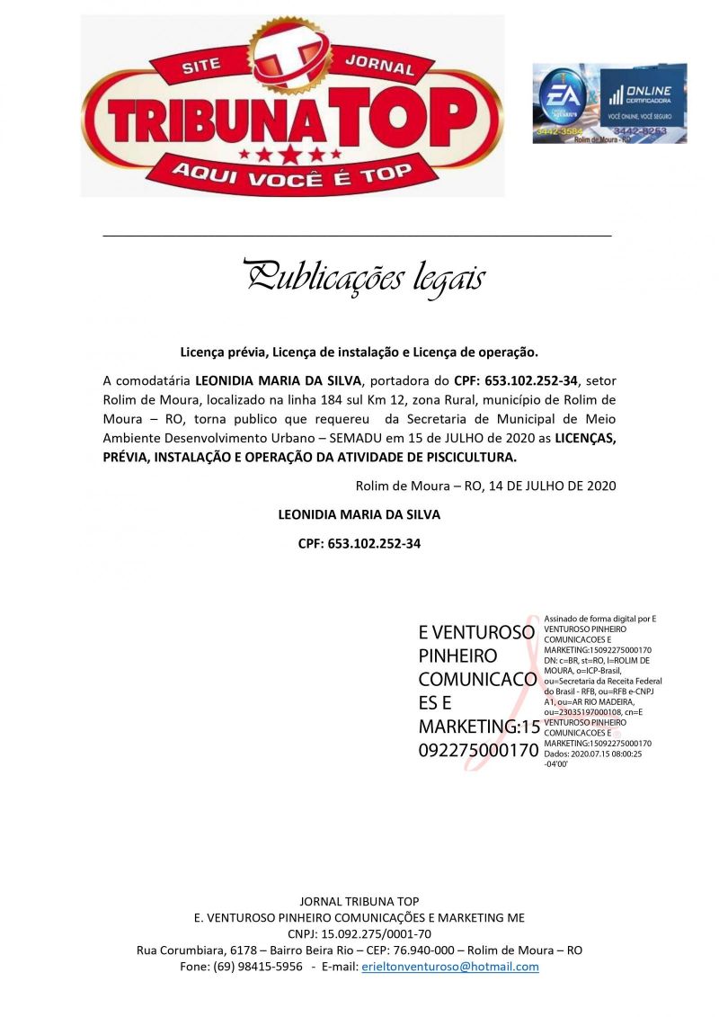  Licença prévia, Licença de instalação e Licença de operação - LEONIDIA MARIA DA SILVA, 