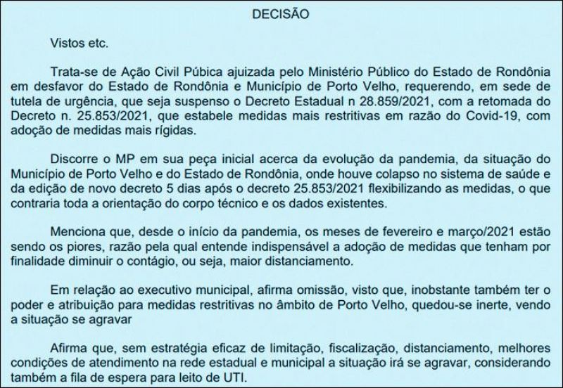 MP/RO manda suspender atual decreto e pede que Estado permita só atividades essenciais; veja decisão MP/RO manda suspender atual decreto e pede que Estado permita só atividades essenciais; veja decisão