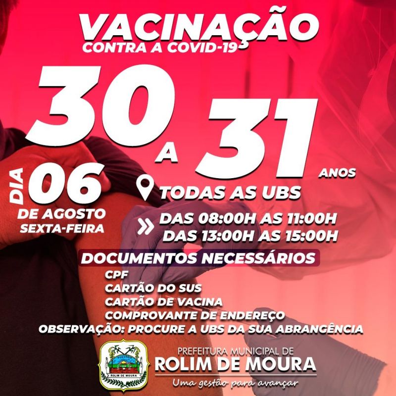 Rolim de Moura: Vacinação contra covid-19 para pessoas com idade entre 30 a 31 anos será nesta sexta (06)