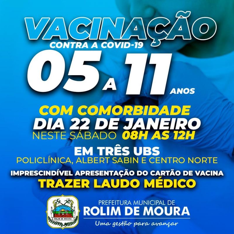 Rolim de Moura inicia vacinação contra covid-19 em crianças com comorbidades neste sábado (22) Rolim de Moura inicia vacinação contra covid-19 em crianças com comorbidades neste sábado (22)
