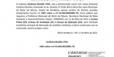 PEDIDO DE LICENÇA PRÉVIA – INSTALAÇÃO - OPERAÇÃO - Cerâmica Brasília LTDA 