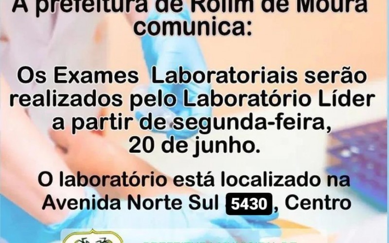 Rolim de Moura: Exames laboratoriais serão realizados no Laboratório Líder a partir de segunda-feira (20)