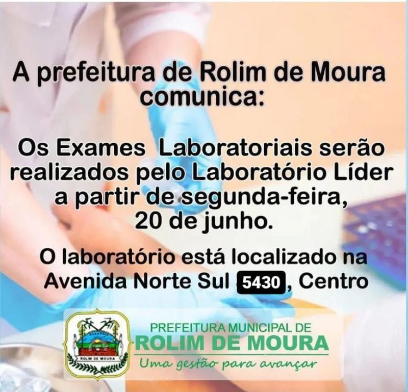 Rolim de Moura: Exames laboratoriais serão realizados no Laboratório Líder a partir de segunda-feira (20)