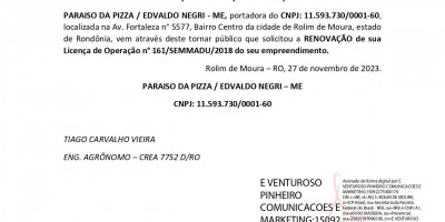 RENOVAÇÃO DE LICENÇA DE OPERAÇÃO - PARAISO DA PIZZA / EDVALDO NEGRI - ME 