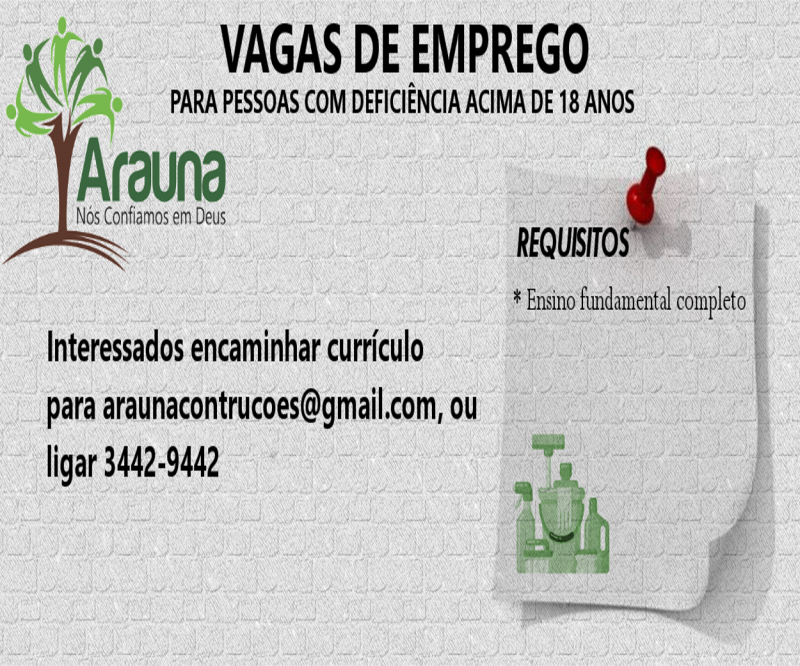 VAGAS DE EMPREGO - PCDs - ARAUNA - NOVEMBRO 2023