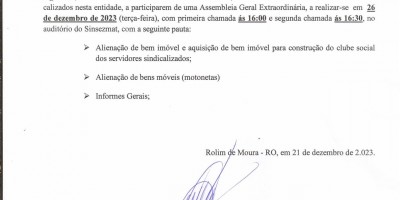 EDITAL DE CONVOCAÇÃO - ASSEMBLÉIA GERAL EXTRAORDINÁRIA - SINSEZMAT
