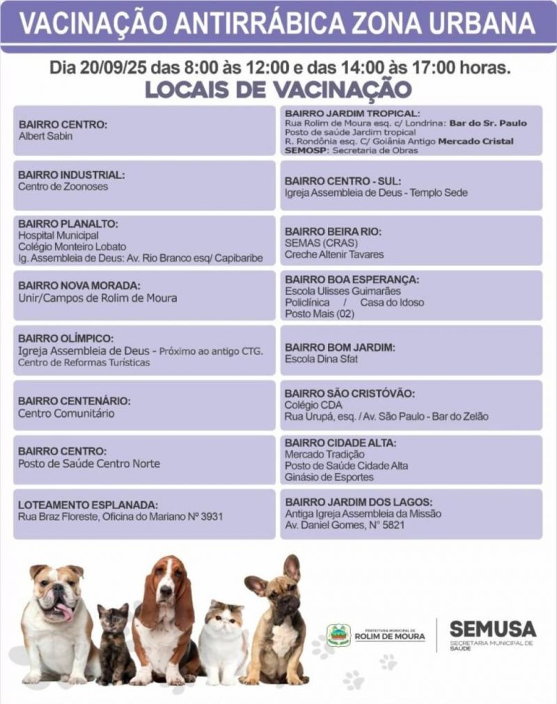 Rolim de Moura promove vacinação antirrábica em 20 de setembro; veja os locais nos bairros Rolim de Moura promove vacinação antirrábica em 20 de setembro; veja os locais nos bairros