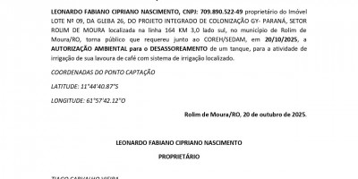 PEDIDO DE AUTORIZAÇÃO AMBIENTAL - DESASSOREAMENTO  -  LEONARDO FABIANO CIPRIANO... PEDIDO DE AUTORIZAÇÃO AMBIENTAL - DESASSOREAMENTO  -  LEONARDO FABIANO CIPRIANO...