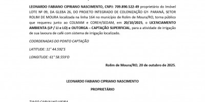 PEDIDO DE LICENÇA AMBIENTAL E OUTORGA D’AGUA - LEONARDO FABIANO CIPRIANO NASCIMENTO PEDIDO DE LICENÇA AMBIENTAL E OUTORGA D’AGUA - LEONARDO FABIANO CIPRIANO NASCIMENTO