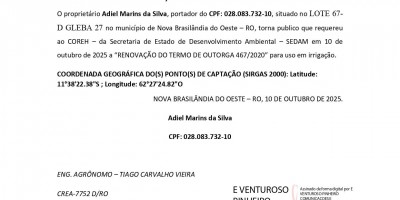 RENOVAÇÃO DE TERMO DE OUTORGA - ADIEL MARINS DA SILVA RENOVAÇÃO DE TERMO DE OUTORGA - ADIEL MARINS DA SILVA