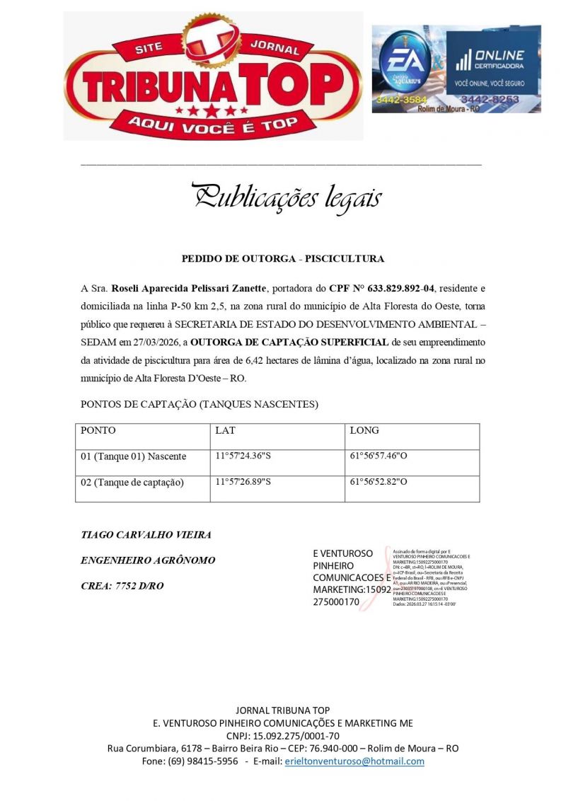 PEDIDO DE OUTORGA - PISCICULTURA - Roseli Aparecida Pelissari Zanette PEDIDO DE OUTORGA - PISCICULTURA - Roseli Aparecida Pelissari Zanette