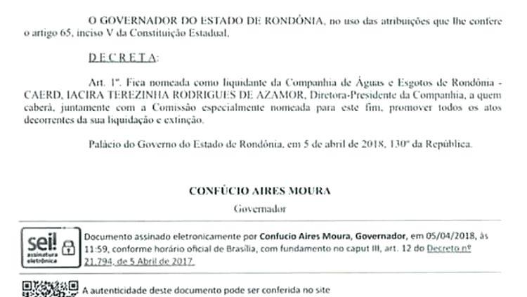 FIM DA HISTÓRIA: Governo decreta liquidação e extinção da Caerd em Rondônia