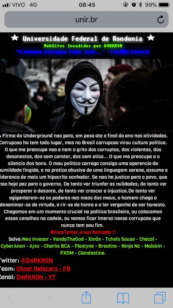 PROTESTO: Hackers atacam site da Unir e alunos não conseguem acessar PROTESTO: Hackers atacam site da Unir e alunos não conseguem acessar