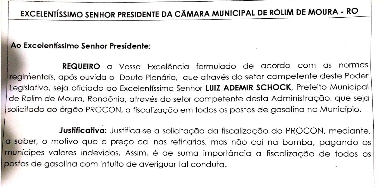 Vereador de Rolim de Moura solicita ao prefeito que cobre fiscalização do Procon sobre os valores dos combustíveis