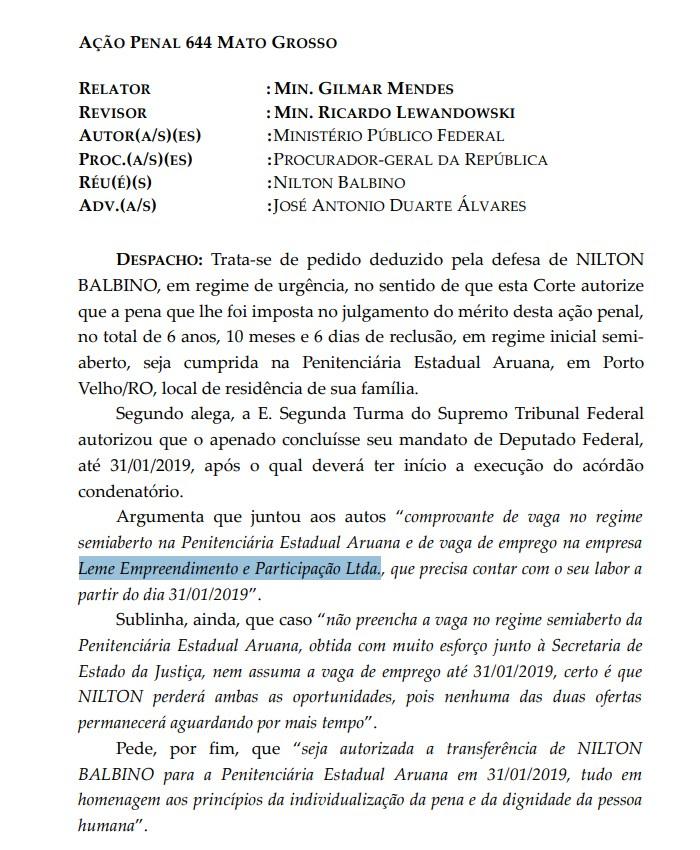 STF AUTORIZA NILTON CAPIXABA A CUMPRIR PENA EM PRESÍDIO DE PORTO VELHO; EX-DEPUTADO QUER TRABALHAR NA CONSTRUÇÃO CIVIL