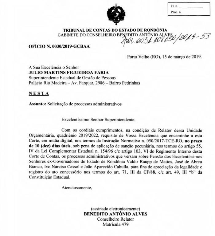 Governo de RondÃ´nia tem 10 dias para apresentar ao Tribunal de Contas os processos relacionados Ã s pensÃµes vitalÃ­cias de Raupp, Bianco, Cassol e CahÃºlla