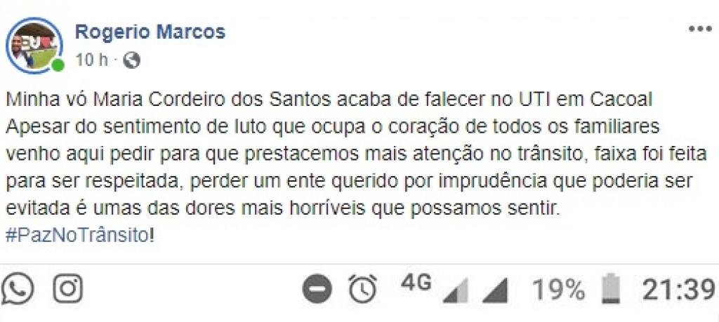 Idosa atingida por moto na faixa de pedestre em Rolim, não resiste e morre na UTI em Cacoal