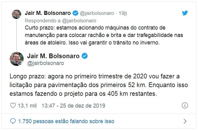 Bolsonaro diz que rodovia Porto Velho-Manaus será recuperada Bolsonaro diz que rodovia Porto Velho-Manaus será recuperada