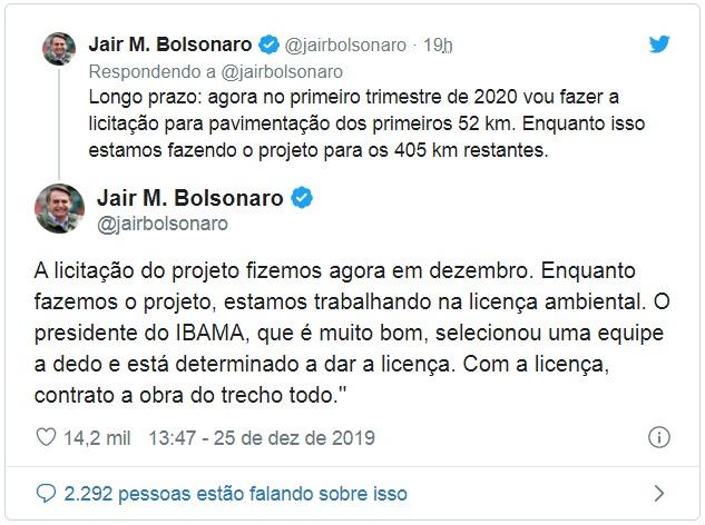 Bolsonaro diz que rodovia Porto Velho-Manaus será recuperada Bolsonaro diz que rodovia Porto Velho-Manaus será recuperada