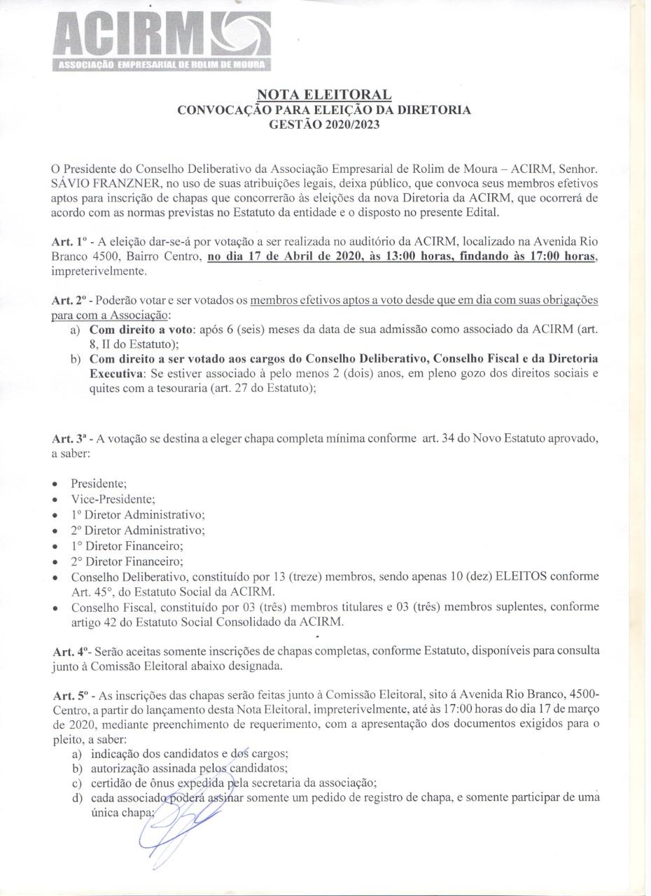 ROLIM DE MOURA: ACIRM convoca membros efetivos para eleição da nova diretoria ROLIM DE MOURA: ACIRM convoca membros efetivos para eleição da nova diretoria