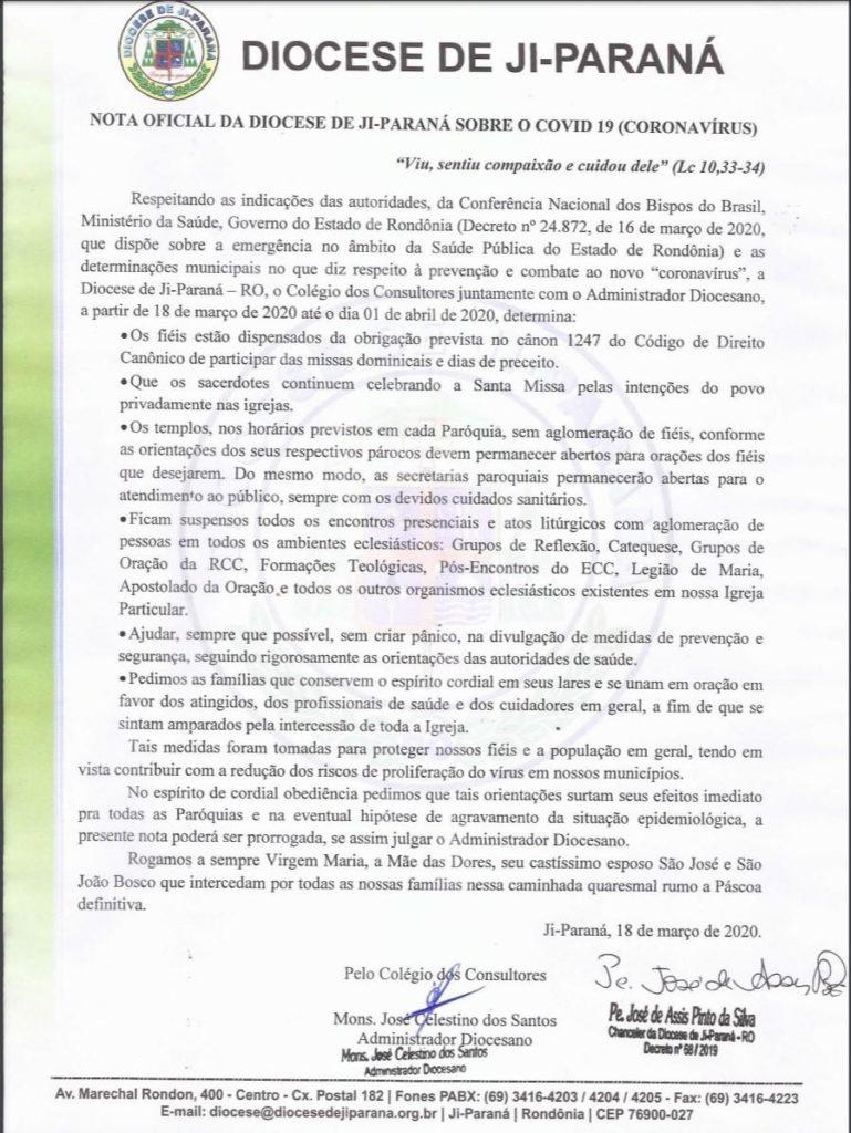 Igreja Católica de Rolim de Moura suspende celebrações por 15 dias devido ao Coronavírus Igreja Católica de Rolim de Moura suspende celebrações por 15 dias devido ao Coronavírus