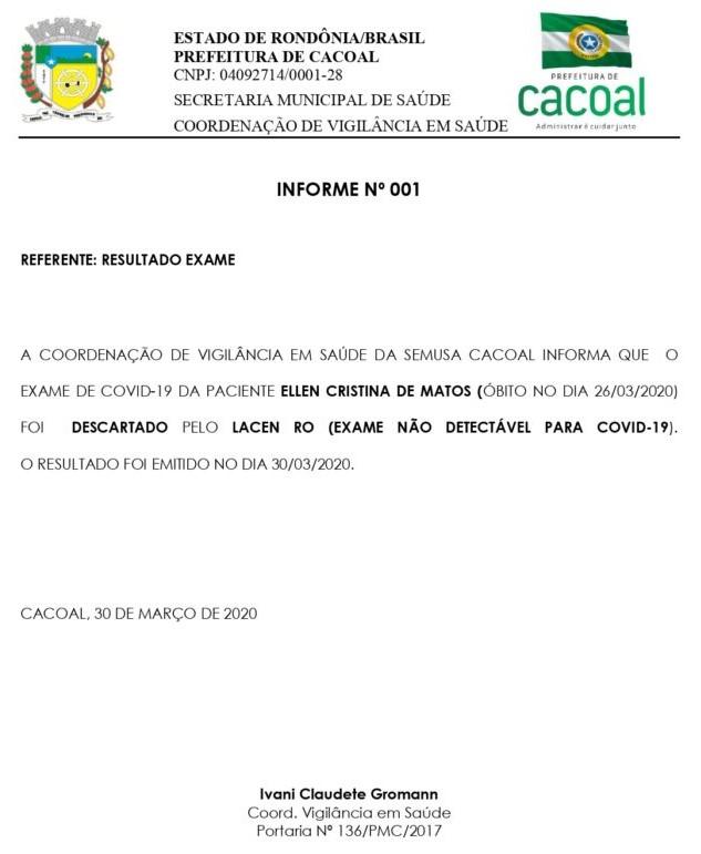 Prefeitura de Cacoal emite nota dizendo que professora universitária não estava com coronavírus Prefeitura de Cacoal emite nota dizendo que professora universitária não estava com coronavírus