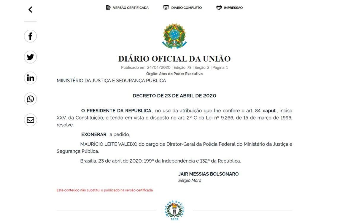 Bolsonaro exonera Valeixo do comando da PF e Moro deve pedir demissão hoje