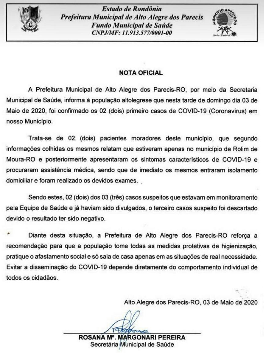 Alto Alegre confirma 2 casos de Covid-19 em pacientes que estiveram em Rolim de Moura, diz secretaria de saúde Alto Alegre confirma 2 casos de Covid-19 em pacientes que estiveram em Rolim de Moura, diz secretaria de saúde