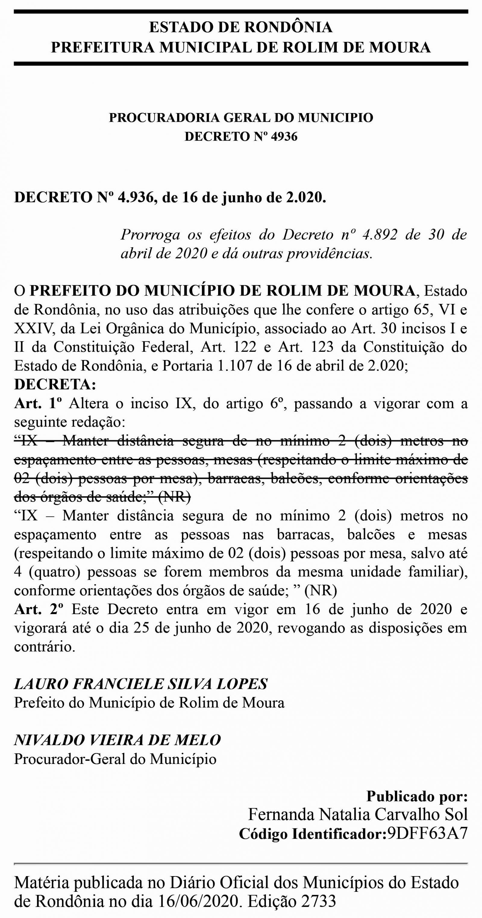 Prefeitura publica novo decreto e reforça as medidas de distanciamento em Rolim de Moura