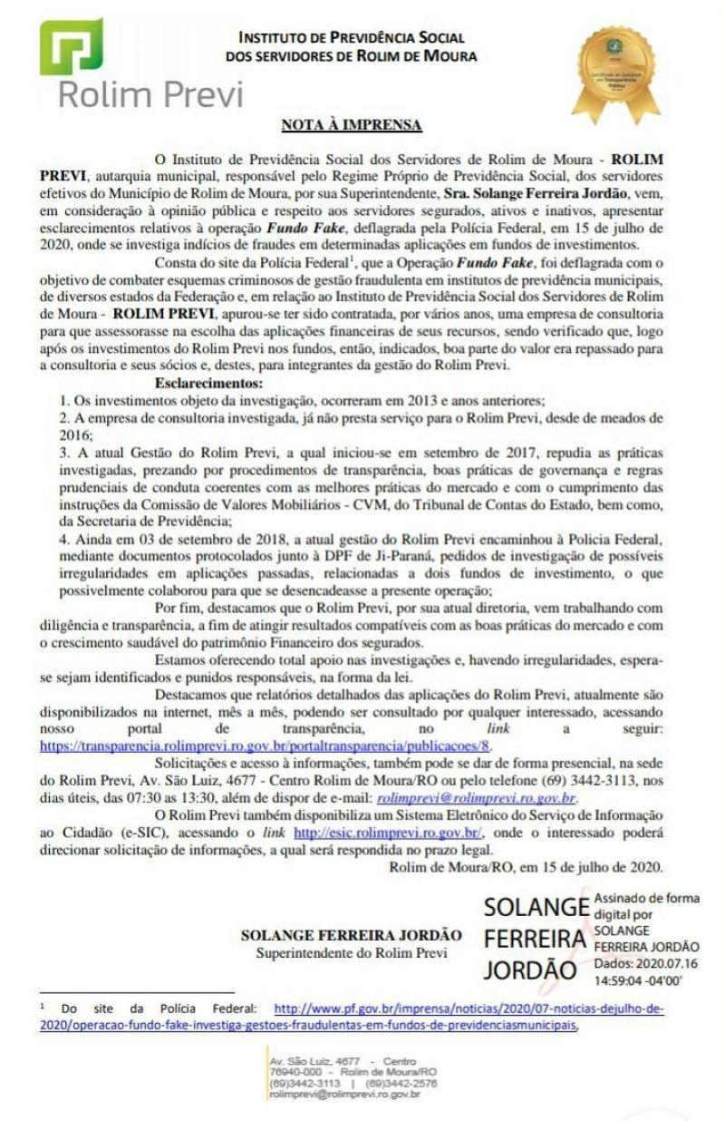 Rolim Previ envia nota à imprensa após operação da Polícia Federal em Rolim de Moura Rolim Previ envia nota à imprensa após operação da Polícia Federal em Rolim de Moura