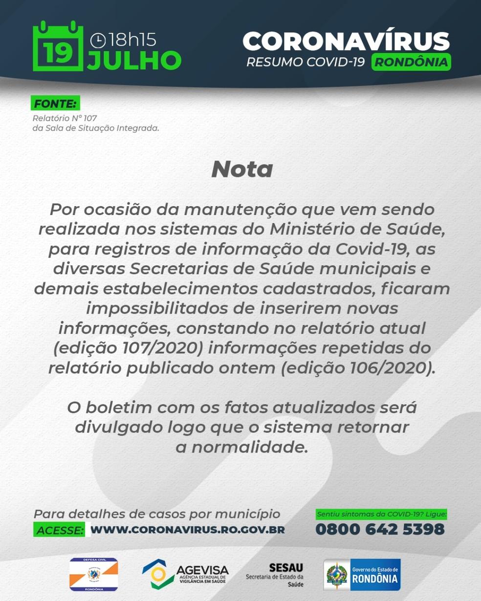 Governo de RO não publica boletim de casos de coronavírus pelo 2° dia seguido