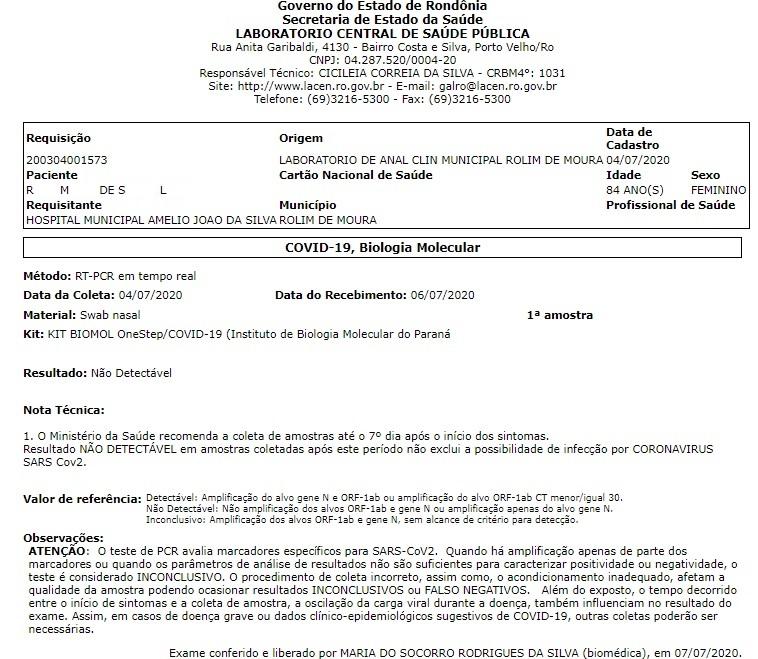Exame descarta que moradora de Rolim de Moura morreu por covid-19