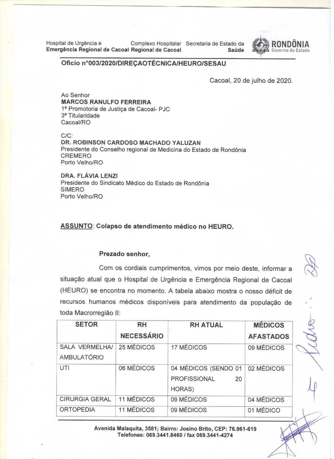 Hospital Heuro de Cacoal emite ofício relatando colapso no atendimento médico Hospital Heuro de Cacoal emite ofício relatando colapso no atendimento médico
