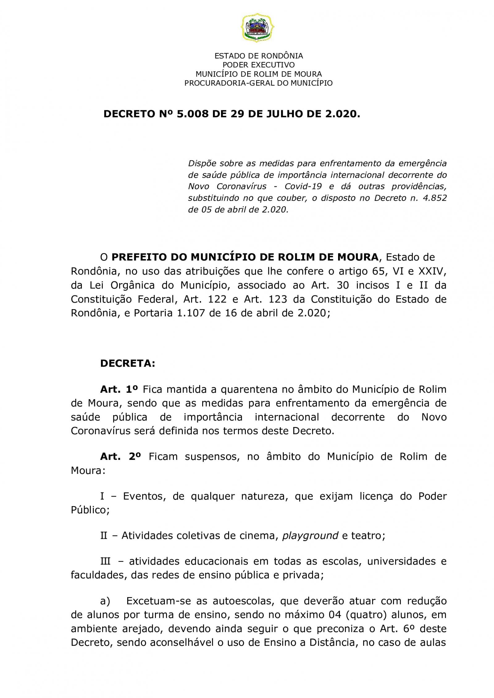 Prefeitura de Rolim de Moura publica novo decreto em combate ao covid-19; veja o que muda