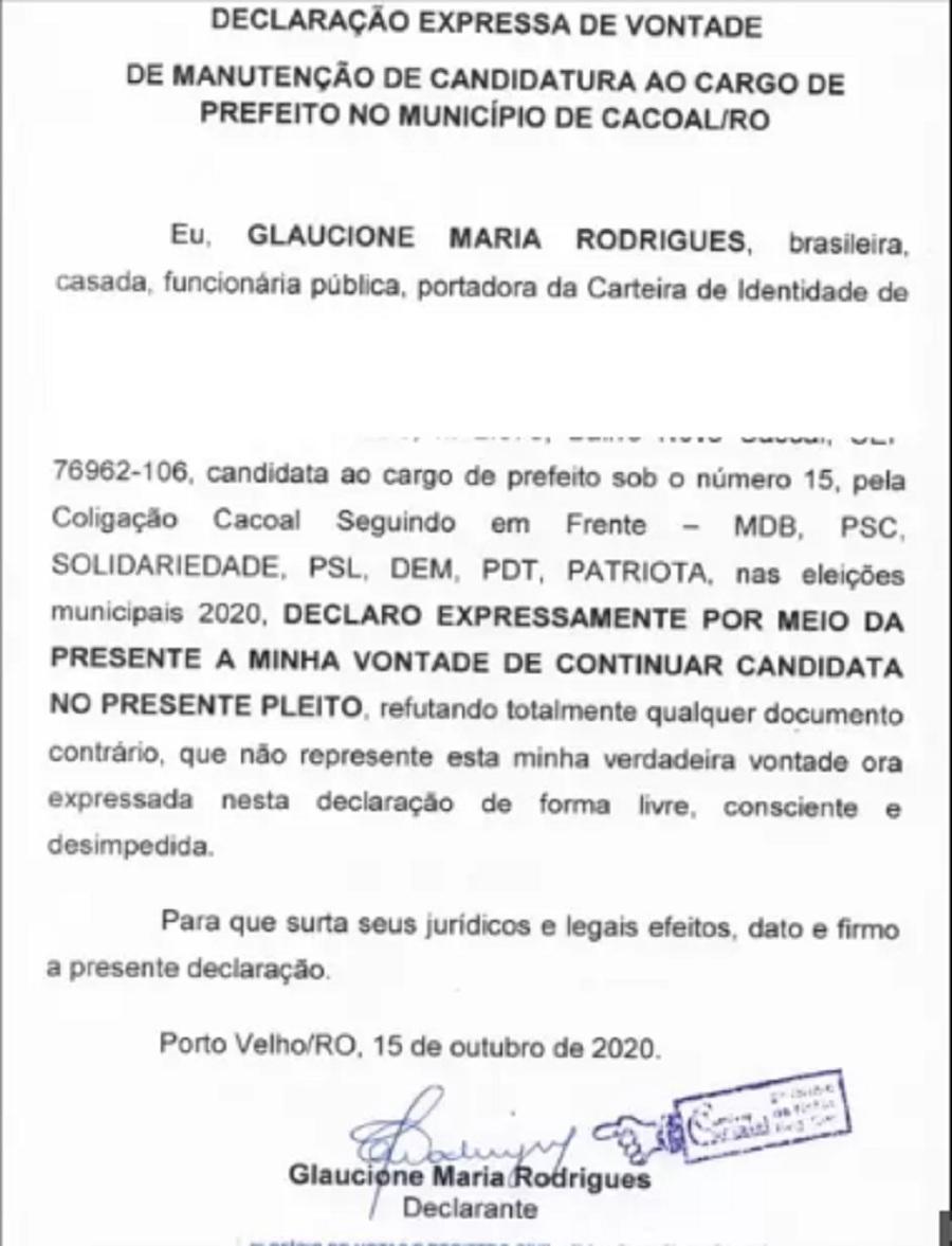 Após desistir de concorrer às eleições, Prefeita de Cacoal volta atrás e avisa que continua na disputa, mesmo presa pela PF