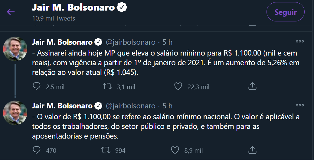 Bolsonaro anuncia salário mínimo de R$ 1.100 a partir de 1º de janeiro; Auxílio Emergencial não será renovado Bolsonaro anuncia salário mínimo de R$ 1.100 a partir de 1º de janeiro; Auxílio Emergencial não será renovado