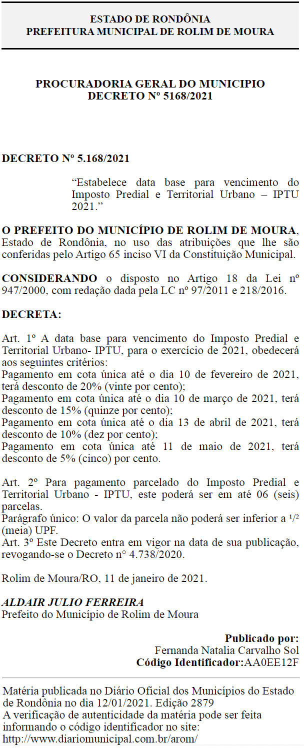 Rolim de Moura: IPTU 2021 poderá ser pago com até 20% de desconto; veja datas de vencimento