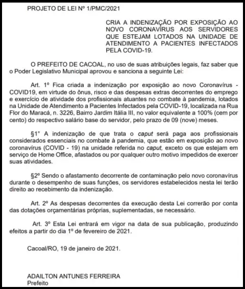 Prefeito de Cacoal quer indenização de 100% do salário a profissionais que combatem pandemia Prefeito de Cacoal quer indenização de 100% do salário a profissionais que combatem pandemia