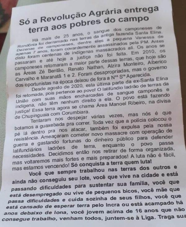 Pimenta Bueno: cartas são entregues em residências convocando famílias para invadirem a fazenda Nossa Senhora Aparecida em Chupinguaia Pimenta Bueno: cartas são entregues em residências convocando famílias para invadirem a fazenda Nossa Senhora Aparecida em Chupinguaia