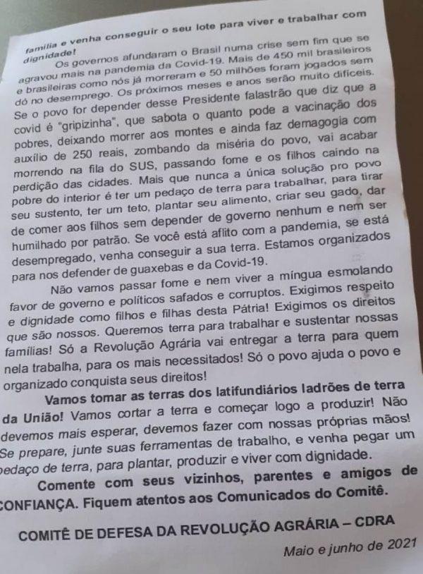 Pimenta Bueno: cartas são entregues em residências convocando famílias para invadirem a fazenda Nossa Senhora Aparecida em Chupinguaia Pimenta Bueno: cartas são entregues em residências convocando famílias para invadirem a fazenda Nossa Senhora Aparecida em Chupinguaia