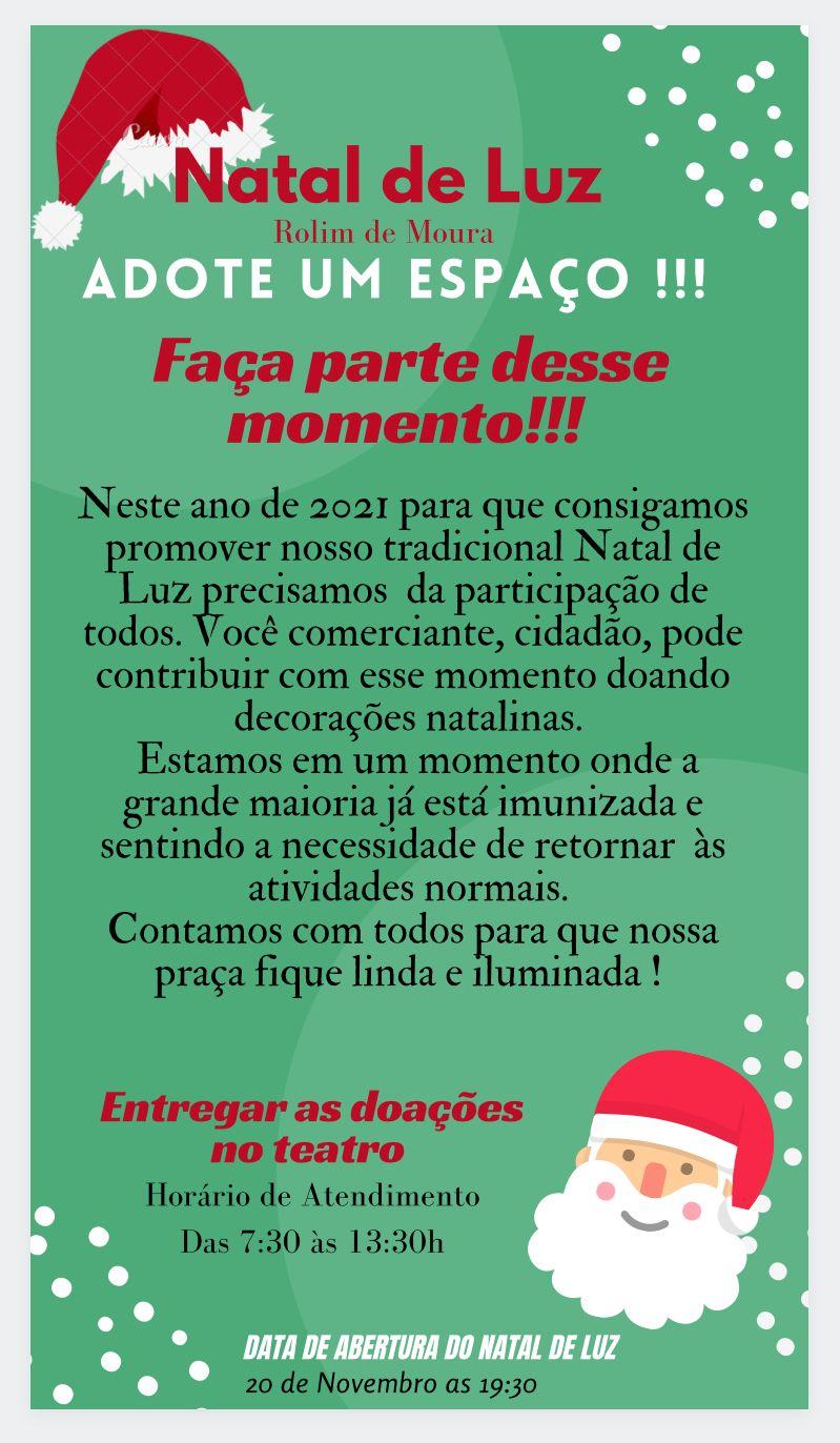 Rolim de Moura: Prefeitura pede apoio e doação de materiais decorativos para execução do Natal de Luz 2021 Rolim de Moura: Prefeitura pede apoio e doação de materiais decorativos para execução do Natal de Luz 2021