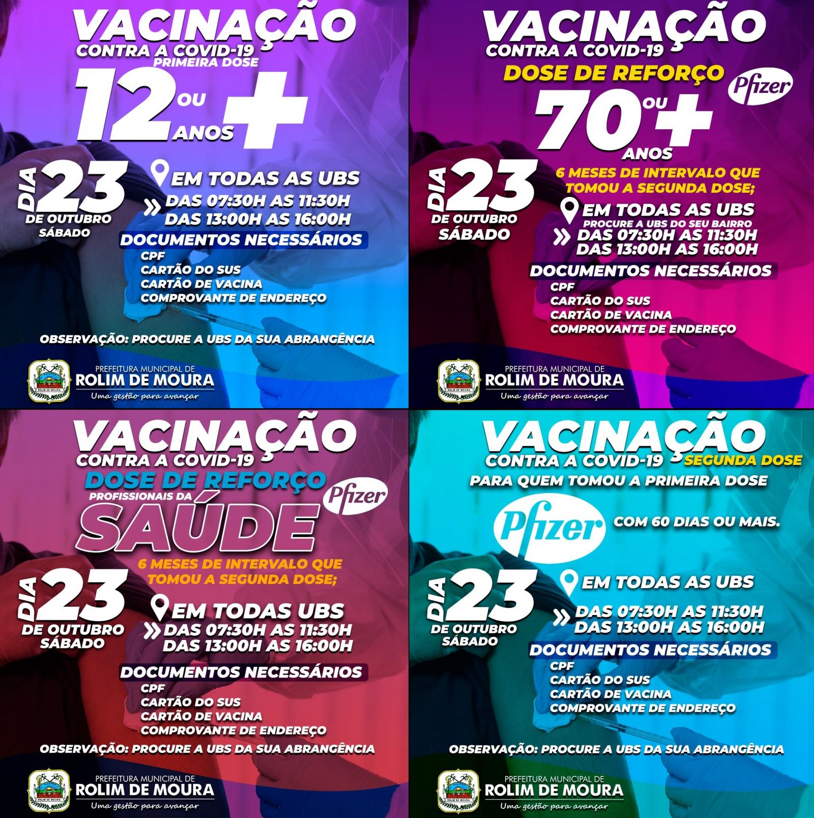 Vacinação contra covid-19 continua neste sábado (23) em todas as UBS de Rolim de Moura; veja quem pode se vacinar