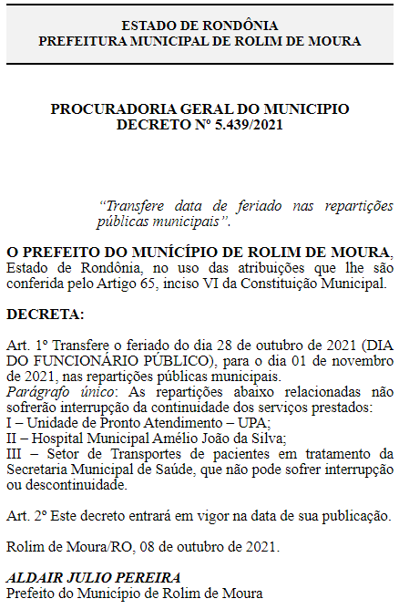 Prefeitura de Rolim de Moura transfere ponto facultativo de 28 de outubro para 1º de novembro