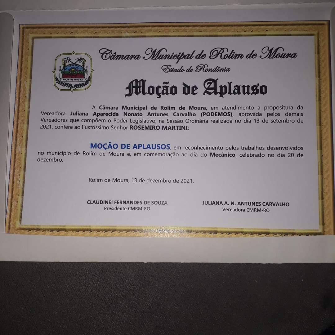 Câmara municipal de Rolim de Moura homenageia mecânico “Azulão” com Moção de Aplauso Câmara municipal de Rolim de Moura homenageia mecânico “Azulão” com Moção de Aplauso