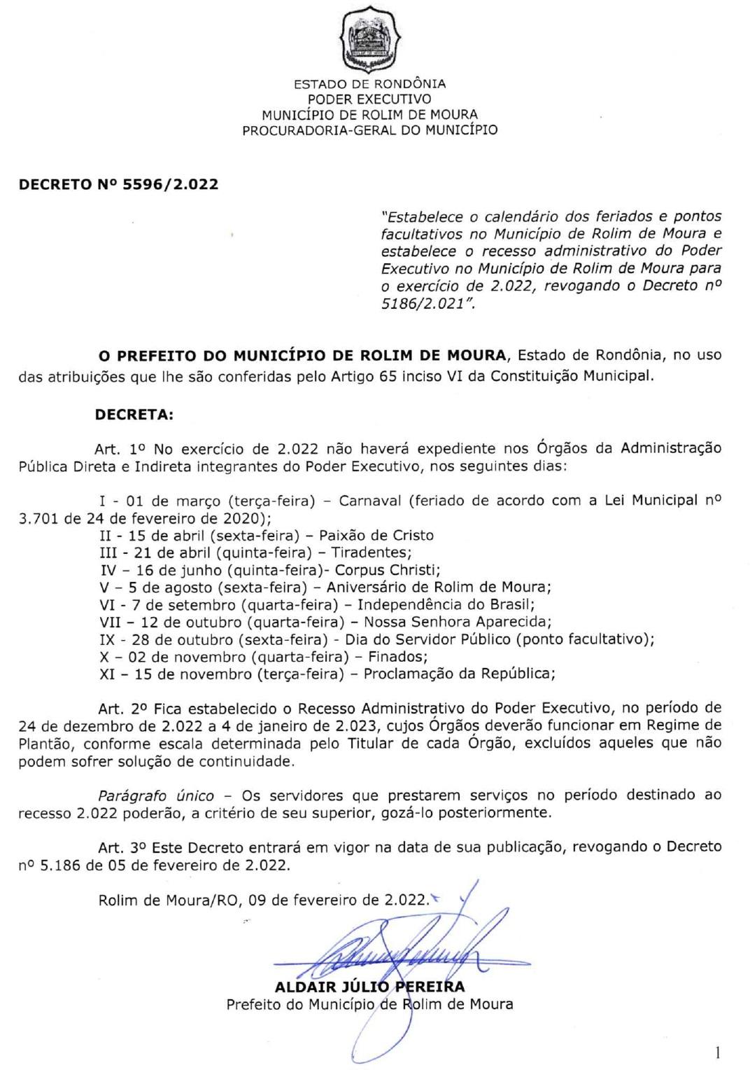 Prefeitura de Rolim de Moura estabelece calendário de feriados e pontos facultativos da administração municipal para 2022